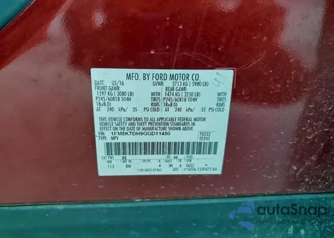 2016 Ford Explorer Xlt from USA, damaged, VIN 1FM5K7DH9GGD11450